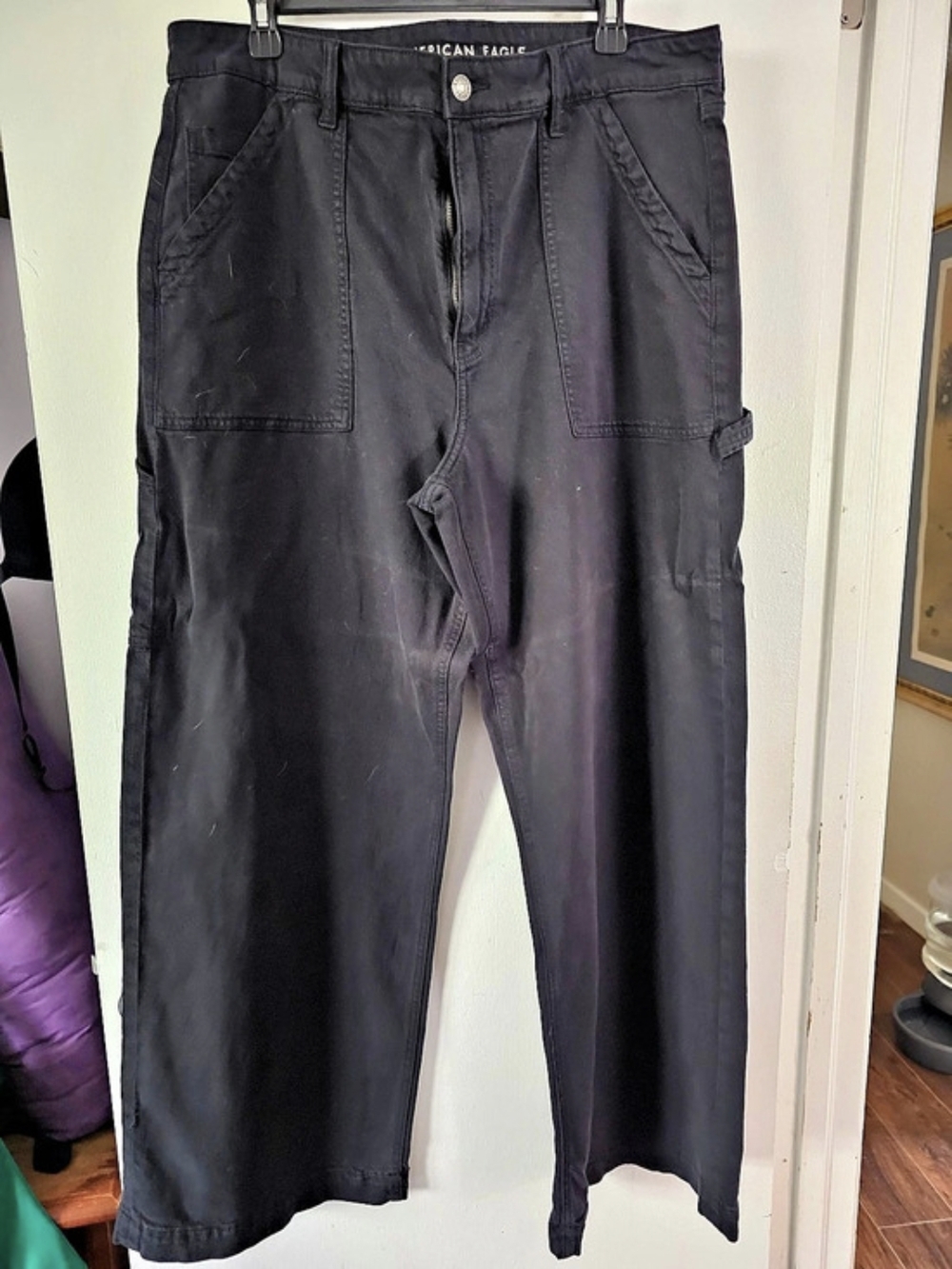 American Eagle AE Stretch Super High-Waisted Wide-Leg Cargo Pant Black Waist 18